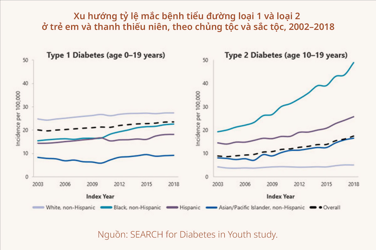 Xu hướng tỷ lệ mắc bệnh tiểu đường loại 1 và loại 2 ở trẻ em và thanh thiếu niên, theo chủng tộc và sắc tộc, 2002–2018